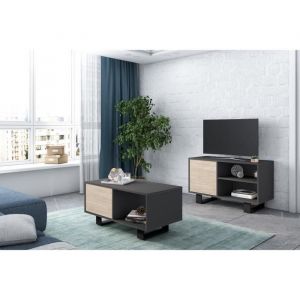 Set Wind, Ensemble de meubles de salon/salle à manger composé par 1 Meuble TV100 et 1 Table Basse, Gris/Chêne, pieds noirs - gris - Skraut Home