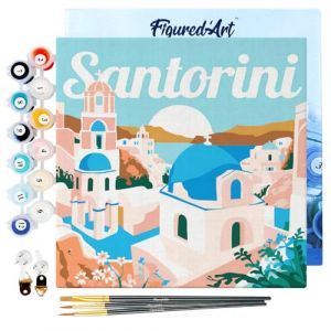 Figured'Art Mini Peinture par Numéro Adulte 20x20cm avec cadre Lever de Soleil à Santorin - Petit Format Kit de Loisir Créatif DIY Numéro d'Art Complet