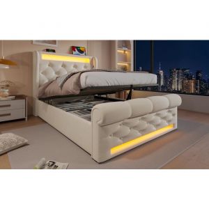 Lit coffre 90x200 cm en velours beige avec t&ecirc;te capitonn&eacute;e et &eacute;clairage LED int&eacute;gr&eacute; &ndash; Design &eacute;l&eacute;gant