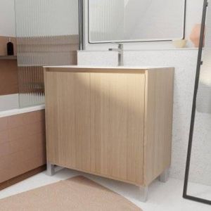 Aurlane Pack Meuble Salle de Bains 80 cm Chêne Clair, 2 portes avec Vasque Céramique - XENOS