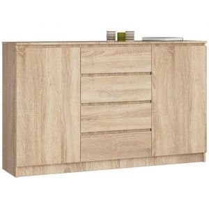 Grande Commode pour le salon Akord K160 Chêne Sonoma 160 cm 2 portes 4 tiroirs façade Chêne Sonoma 4 étagères 160x40x99 cm