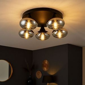 Reality Leuchten Plafonnier verre fumé Moderne Plafonnier noir Rétro Salon 5 flammes Verre, métal, 5x E14 douilles, DxH 49x15 cm