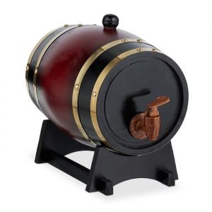 Relaxdays Tonneau en bois, 2,2 L, fût avec support et robinet, vin & spiritueux, distributeur décoratif, rouge - noir