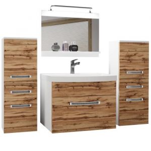 Meuble de Salle de Bain Lavabo Inclus, Meuble sous-Vasque, Miroir et 2X Cabinet Largeur: 140 cm Kit d'&eacute;clairage Inclus Couleur : ch&ecirc;ne wotan - Belini