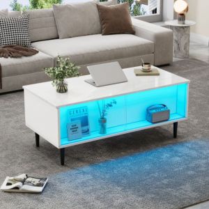 Table basse blanche relevable avec &eacute;clairage LED et surface d'exposition en verre tremp&eacute;,105 x 50 x 43 cm