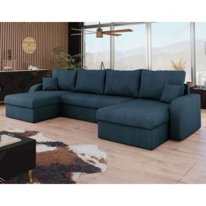 Valos - canapé panoramique en u - 7 places - convertible avec coffres - en velours côtelé - bleu ardoise - Bleu Ardoise