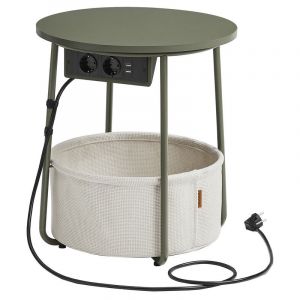 Table basse avec multiprise panier en tissu vert forêt et blanc crème