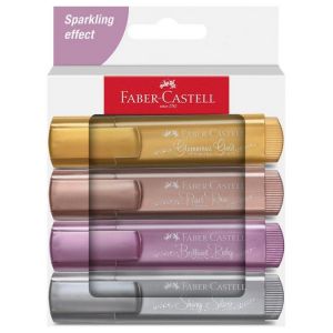Faber-Castell 254674 Lot de 4 surligneurs 46, couleurs métallisées, avec pointe biseautée durable, largeur de trait 1 à 5 mm, rechargeables