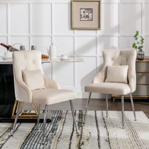 Wishdor - Lot de 2 chaises de salle à manger à motif de boutons avec pieds en métal et coussin lombaire, beige