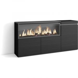 Buffet salon et cuisine, Meuble de Rangement, Commode, 160, 3 Portes, Cheminée électrique xxl, Style moderne, Noir - Skraut Home