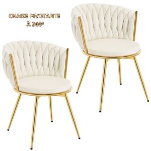 Lot de 2 Chaises Salle à Manger, Chaises Pivotantes en Velours, Dossier Tissé, Pieds en Métal, Beige