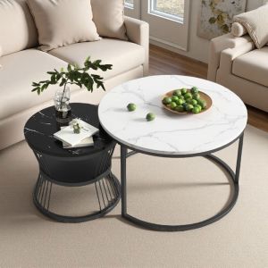 Table Basse Gigogne Ronde - Marbre Blanc/Noir - 2 Pi&egrave;ces - &Oslash;70/45cm - Design Contemporain