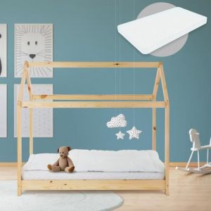 Lit d'Enfant Forme Maison 70x140 cm Naturel avec Matelas à Mousse Froide Sommier à Lattes Housse Amovible Lavable, Cadre de Lit en Bois de Pin