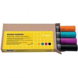 Sigel BA011 Lot de 4 marqueurs pour tableaux en verre / tableaux blancs, effaçables, encre "cap off", pointes ogives Ø 2-3 mm, 4 couleurs (noir/turquoise/magenta/orange)