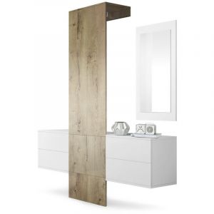 Garderobe Meubles d'entrée Carlton Set 3 Blanc - haute brillance & tons naturels - Panneau portemanteau en Chêne Ribbeck - Panneau portemanteau en