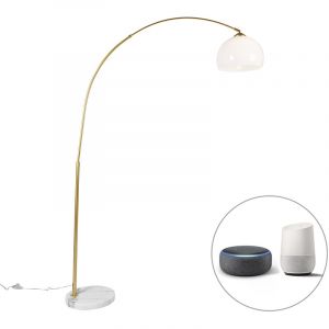 Image de Qazqa Lampe à arc intelligente en laiton avec abat-jour blanc avec Wifi A60 - Arc Basic