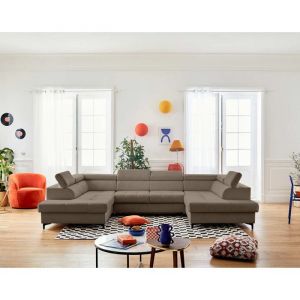 Canap&eacute; panoramique 7 places en u en velours taupe