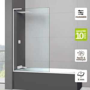Pare Baignoire fixe en verre sécurité transparent ép 6mm anti calcaire, L100H147 cm, profilé blanc brillant Superban Mont Blanc e