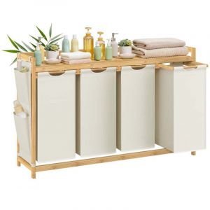 Panier &agrave; linge avec 4 compartiments corbeille &agrave; linge sale en bambou capacit&eacute; de 200 litres avec &eacute;tag&egrave;re poches lat&eacute;rales 124,6 x 33 x 78 cm beige