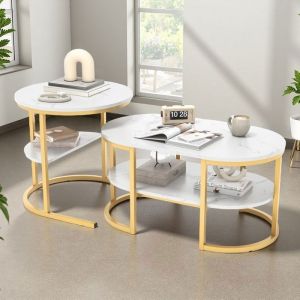 Table basse - Table gigogne ronde duo - Imitation marbre blanc - Structure m&eacute;tal dor&eacute; - Empilable design &eacute;pur&eacute;