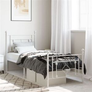 VidaXL Cadre de Lit Métal avec Tête de Lit Pied de Lit, Lit Simple avec Sommier à Lattes, Lit Adulte avec Pied Chambre, Moderne, Blanc 75x190 cm