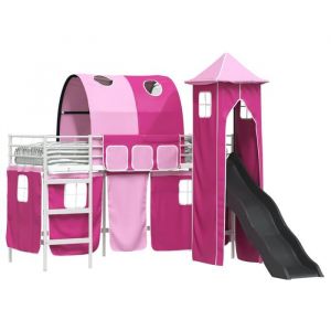 VidaXL Lit mezzanine enfant - Blanc/Rose - M&eacute;tal - 80x194x116 cm - Toboggan int&eacute;gr&eacute; - Tour de jeu - Rideaux dintimit&eacute;