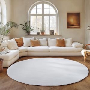 Image de Tapis SIMPEX Rond 200 cm Poils Courts Lavable Doucement Antid&eacute;rapant et Design Moderne pour Salon Chambre Blanc