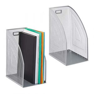 Relaxdays Boîte classeur métal, lot de 2, DIN A4, droit, large, mailles, pour journaux, bureau, HlP: 32 x 16 x 24,5 cm, argenté