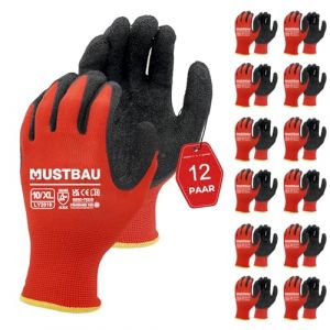 Mustbau 12 Paires Gants de Travail EN 388 Revêtement en Latex et Polyester, Gants Tricoté sans Couture Résistants à l'Abrasionet