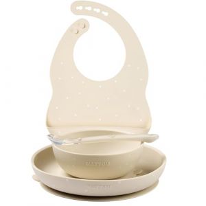 Nattou Vaisselle en Silicone pour Enfants, Set Repas 4 Pièces, 1 Cuillère, 1 Bol avec Couvercle, 1 Gobelet, 1 Bavoir, sans BPA, Vegan, Silicone, Argile