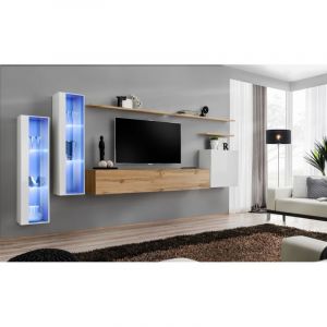 Meuble TV Mural Design " XI" 330cm Blanc & Naturel Prix