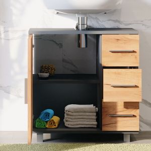 Vicco - Meuble sous vasque Ilias, Anthracite/ch&ecirc;ne dor&eacute;, 60.2x60.8cm avec porte et 3 tiroirs