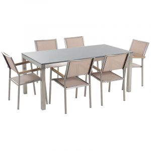 Beliani Table de jardin en plateau granit gris poli 180 cm et 6 chaises en textile beige GROSSETO