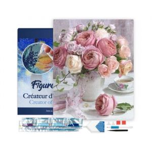 Figured’Art Diamond Painting Broderie Diamant 40x50cm Avec Cadre Toile Tendue Strass Perles Carrés - Bouquet de Roses - Kit Complet 5D DIY Activité Manuelle Loisirs Créatifs Adultes