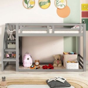 Lit Superposé Lit Enfant 90×200cm avec escalier de rangement,cadre de lit en bois massif avec sommier à lattes, Gris