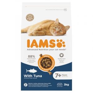 IAMS Advanced Nutrition - Croquettes pour Chat à partir de 7 Ans - 100% Complètes et équilibrées - Au Thon - sans OGM Colorants Arômes Artificiels - Sac refermable de 3kg