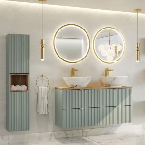 Ensemble meuble double vasque 120cm 4 tiroirs miroirs LED et colonne Jade Vert et Bois