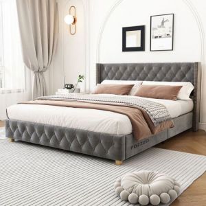 Oem Lit double 140x190 cm - Rembourr&eacute; - T&ecirc;te de lit capitonn&eacute;e - Velours gris