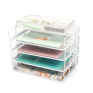Exerz Lot de 5 organiseurs de bureau en maille m&eacute;tallique-Trieur de papier empilable &agrave; 4 niveaux avec accessoires-Blanc