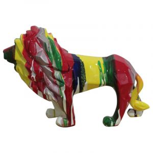 Statue lion géométrique avec coulures multicolores H32 cm - scar