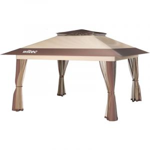 wiltec Pavillon de réception pliante – 4 x 4 x 2,87 m – couleur Beige – avec Protection anti-moustiques Sac et Roues – Tente Tonnelle de jardin