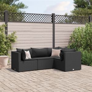 VidaXL Salon de jardin 4 pcs avec coussins Noir Résine tressée, ensemble de canapés d'extérieur, canapé d'angle de jardin, salon de jardin d'angle