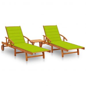 VidaXL Chaises longues 2 pcs avec table et coussins Acacia solide Vert