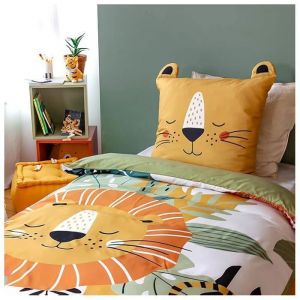 Coté Déco Parure de lit Enfant Lion – Housse de Couette 140x200 cm + 1 Taie d’Oreiller Oreilles matelassées – Animaux de la Savane