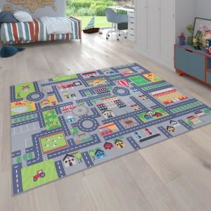 Paco Home Tapis De Jeu Tapis Pour Enfants Chambre D'Enfant Motifs Rues, Gris 200 cm carré