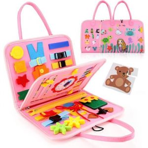 Busy Board Montessori pour Enfants,3 Couches Planche,Jeux Montessori Apprendre Motricité Fine,Jouet Educatif pour enfants,Rose