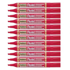 Pentel N860-B Lot de 12 Marqueurs permanents pointe biseautée moyenne Rouge