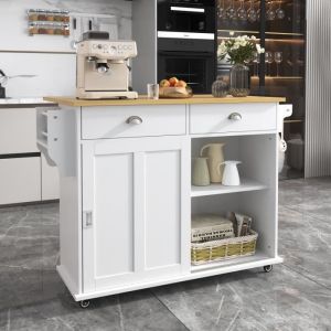 Desserte de cuisine 112x40x94cm - plan de travail rabattable, aspect bois massif avec portes, 4 roulettes - mdf Blanc