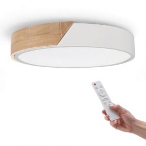 M Ledme - Plafonnier LED Rond Blanc 24W avec Télécommande Réglable 2700K-6500K du Blanc Froid au Blanc Chaud et Intensité 2400LM Design Blanc avec Bois Naturel pour Salle de Bain Cuisine