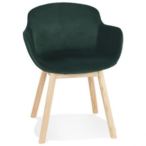 Chaise avec accoudoirs 'FRIDA' en velours vert et pieds en bois naturel